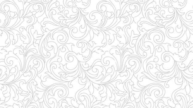 Elegant damask seamless pattern with floral swirls on white background, victorian graphic element