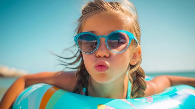 A young girl wearing colorful sunglasses is smiling brightly while lounging on a swim ring. She appears to be enjoying her time in the sun.