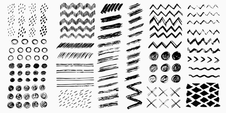 Collection Of Black Brushstroke Patterns And Circular Shapes Vector Illustration