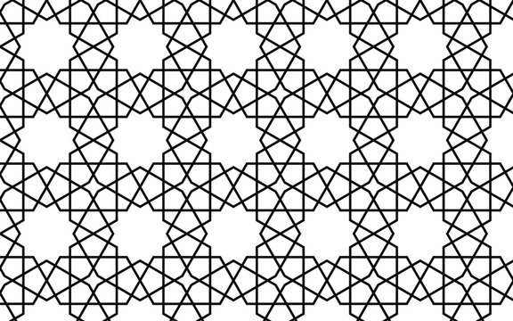 Historic Al Fahidi Islamic geometric pattern featuring interwoven star polygons and strapwork geometry in a seamless square vector repeat. Ideal for textiles, wallpaper, architectural screens etc