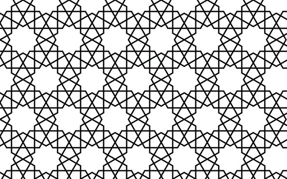 Historic Herat Islamic geometric pattern featuring interwoven star polygons and complex strapwork geometry in a seamless square vector repeat. Ideal for textiles, wallpaper, architectural screens etc
