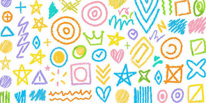 Colorful hand drawn shapes and doodles on a white background