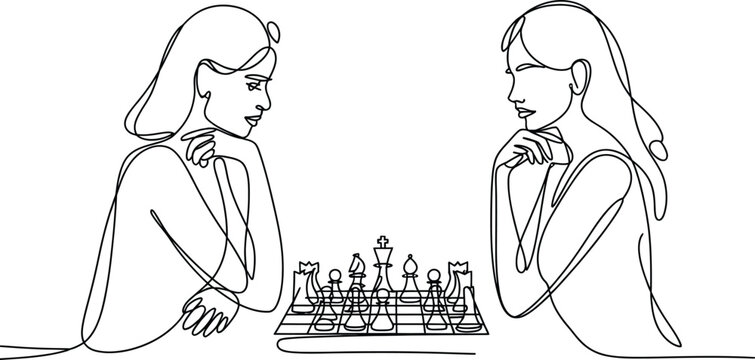 Continuous line drawing of two women focused on playing a competitive chess game at a table with strategy competition thinking concentration intelligence challenge recreation together monoline