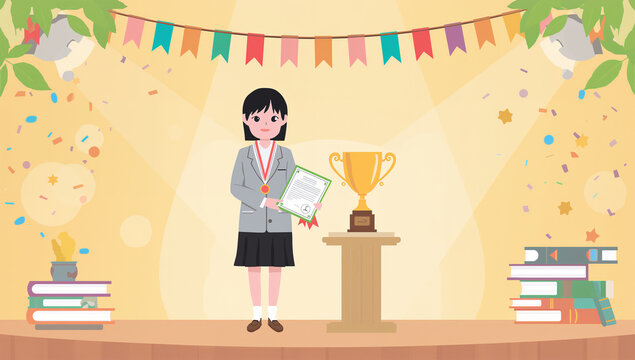 日本人女子学生が学校のコンテストで表彰される教育イラスト