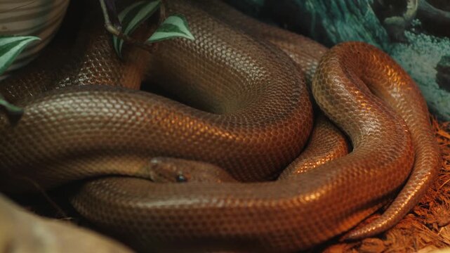 Close up of a brown snake curled up in rings on a bedding in a terrarium. An exotic rainbow boa or python rests under a warm lamp.