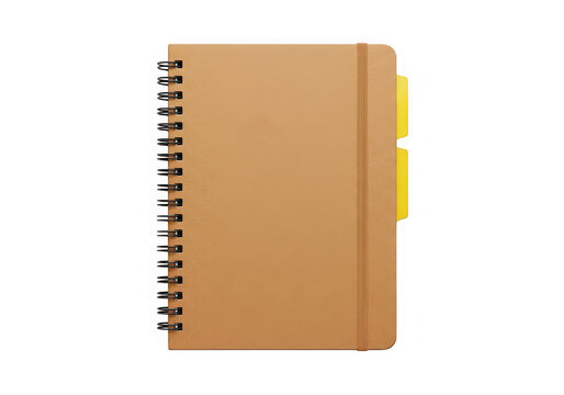 Brown kraft paper spiral notebook with yellow sticky notes and elastic band