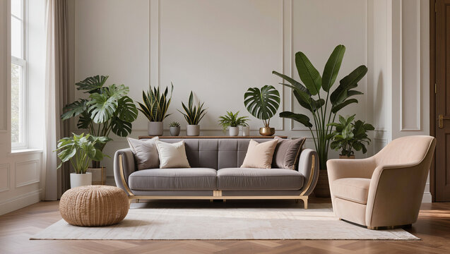 Elegant Living Room Interior with Sofa, Armchair, and Abundant Green Plant Decor