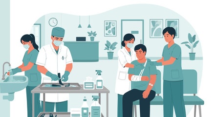 Fototapeta premium Medical care team tending to injured patient in hospital waiting room.