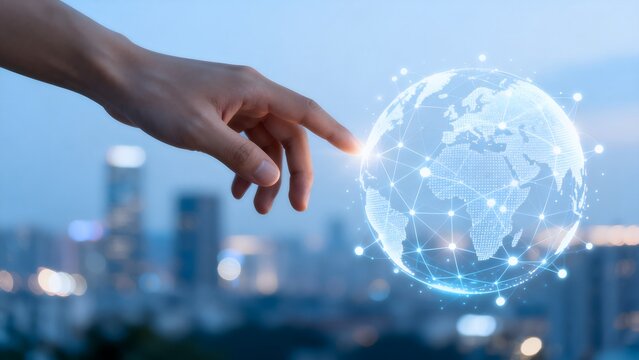Hand touching digital globe with cityscape