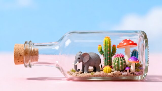 Miniature elephant cactus and mushroom terrarium
