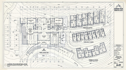 Fototapeta premium Architectural floor plan and site layout for winter peak mountain lodge