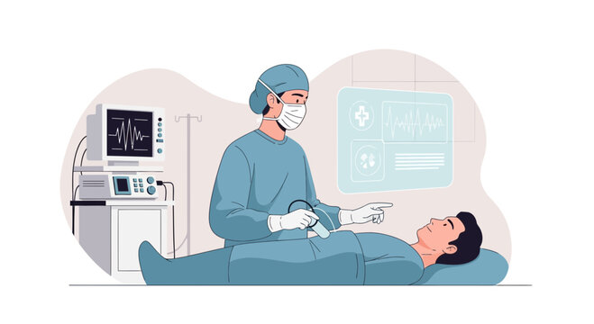 Surgeon Performing Laparoscopic Surgery on Patient with Medical Monitor