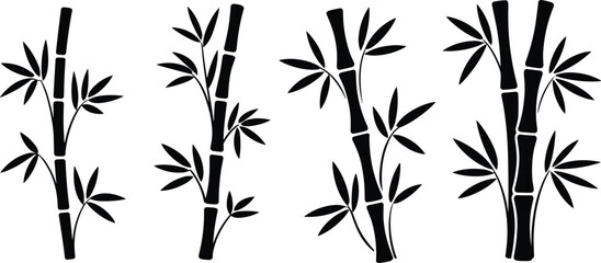 Obraz premium Black bamboo silhouettes vector set with stalks and leaves isolated on white background for asian nature design concept
