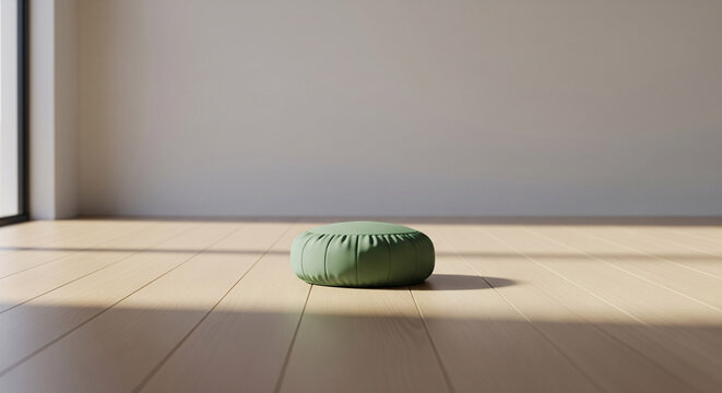 Minimalist green meditation cushion zafu on a light wooden floor in a serene, empty studio. Soft sunlight and shadows create a calm space for mindfulness and zen practice.