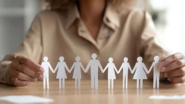 A hand holding a group of paper figures together, symbolizing teamwork and leadership.