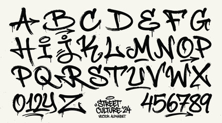 Street culture 2024 vector alphabet with handdrawn graffiti style letters and numbers featuring spray paint drip effects © S.Siam