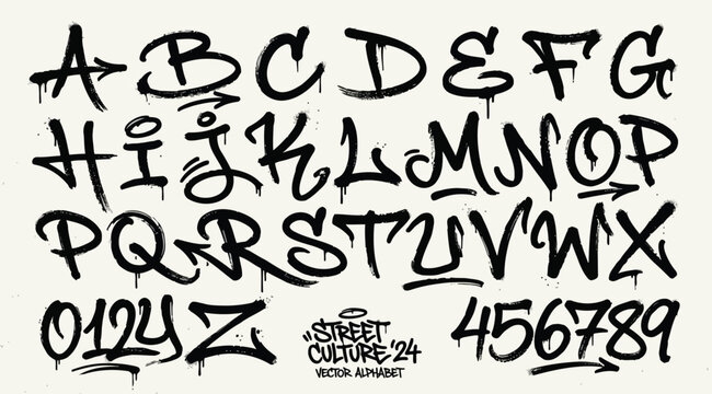Street culture 2024 vector alphabet with handdrawn graffiti style letters and numbers featuring spray paint drip effects
