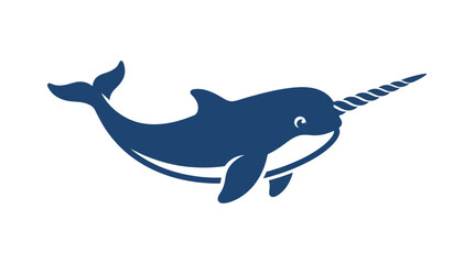 Blue narwhal whale swimming in white empty space. © edna
