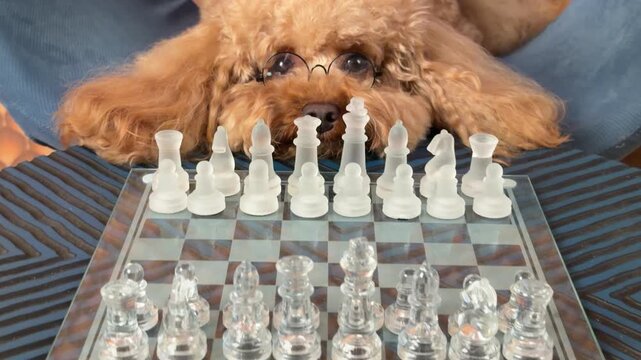 Apricot poodle watching glass chessboard through round glasses in gentle indoor sequence