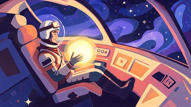 Astronaut in spaceship with glowing orb