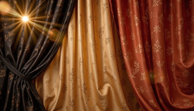 A captivating scene featuring luxurious, textured fabric drapes cascading gracefully in a triad of deep black, shimmering gold