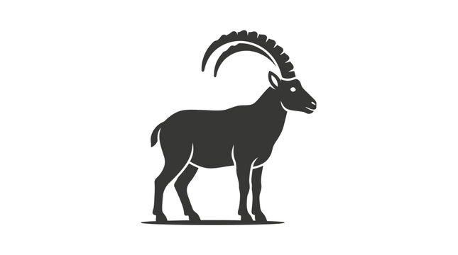 Black silhouette of an ibex with long curved horns.