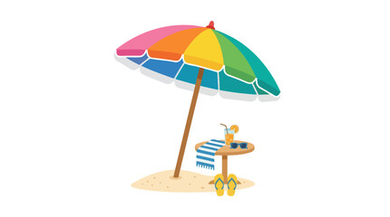 Fototapeta premium Colorful beach umbrella with towel and flip flops.