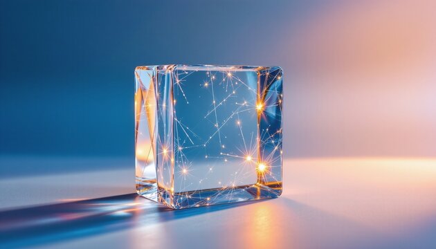 A pristine, transparent glass block resting gracefully on a smooth, reflective surface painted in deep