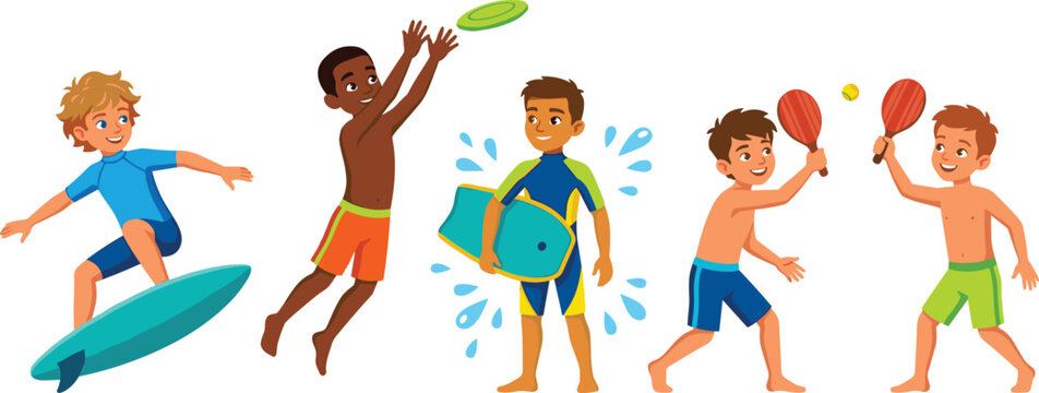 Cute Cartoon Boys Beach Sports Vector Character Set Featuring Surfing, Catching Frisbee, Bodyboarding with Splash, and Playing Beach Tennis