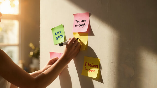 Woman Writing Positive Affirmations on Sticky Notes for Personal Motivation
