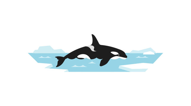 Orca whale jumping in arctic waters with ice.