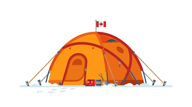 Large orange camping tent in snowy winter mountain landscape