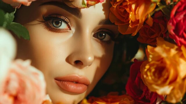 A close-up of a woman's face adorned with flowers. The flowers are colorful and vibrant, contrasting against her fair complexion. Her gaze is direct, capturing the viewer's attention.