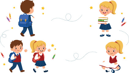 Naklejka premium Cute Cartoon School Children Character Set with Diverse Elementary Students Wearing Uniforms and Backpacks, Reading Books, and Waving Goodbye