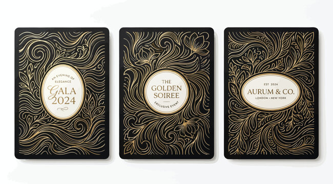 Set of six luxury invitation card designs with ornate gold filigree patterns backgrounds
