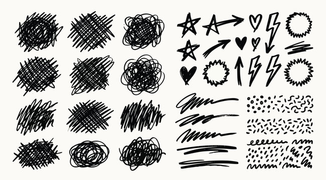 Hand drawn scribble set, messy ink brush strokes, doodle shapes, stars, hearts, arrows, and textures