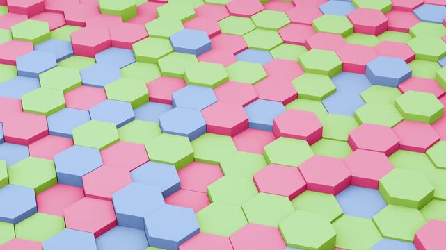 Colorful pastel hexagon grid background. 3D loop animation of moving pink, green and blue hexagons. Isometric geometric pattern.