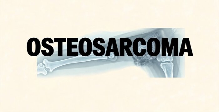 Text overlayed on a medical X-ray image displaying the word OSTEOARCOMA, highlighting a bone condition.