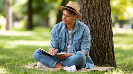Obraz premium Young man sketching in a notebook while sitting under a tree in a park