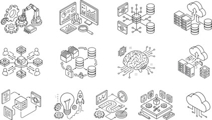 Fototapeta premium Set of isometric icons representing technology, data science, artificial intelligence and cloud computing