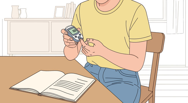 Person checking blood sugar levels with a glucose meter at a table with an open book.