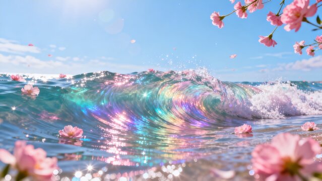 Colorful ocean wave with floating flowers