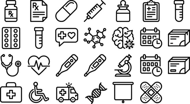 Medical and Healthcare Line Icon Set for Hospital and Pharmacy Concepts