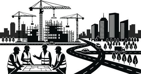 Construction Site Silhouette With Cityscape And Workers Black And White © Puja
