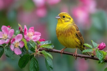 Obraz premium Close-up of a bright yellow songbird resting on pink rose blossoms