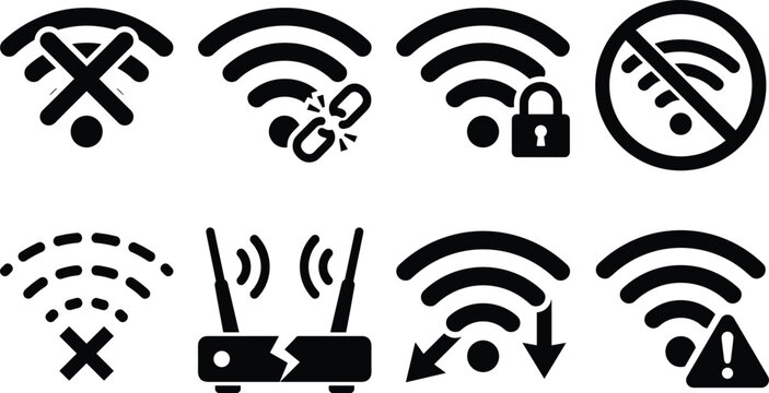 No internet connection and offline wireless network error icons vector set featuring broken wifi signals router lock warning alert and disconnected chain silhouettes.