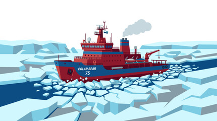 Icebreaker ship navigating through arctic frozen sea. © flat