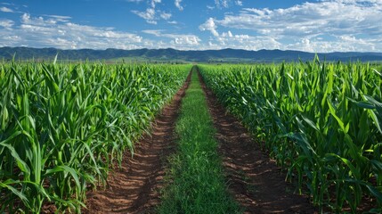 Fototapeta premium Vast farmland scene: lush corn stalks and a grassy corridor