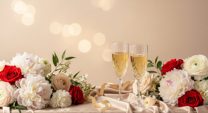Elegant champagne celebration still life with florals, soft lighting and spacious copy space for weddings