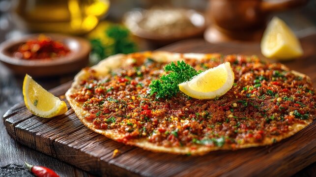 Fresh lahmacun on a rustic wooden board with lemon, herbs, and olive oil drizzle